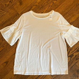Loft White T, mid-length sleeve with ruffle. Size L. NWT!